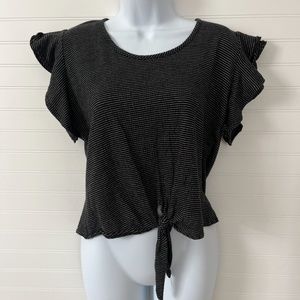 Cotton Black and White Striped Short Sleeve Blouse with Front Tie